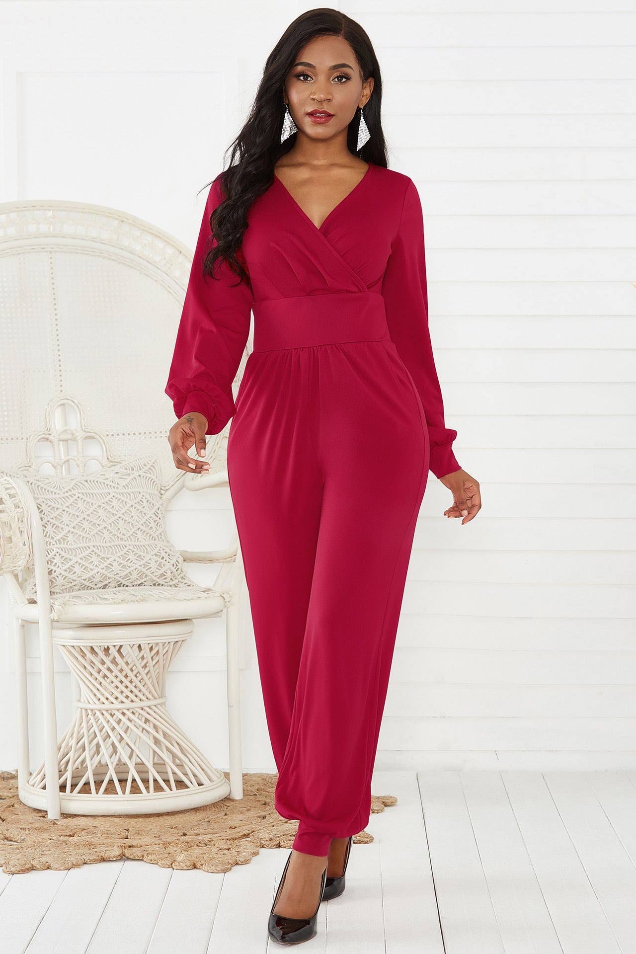 Woman wearing Red Gathered Detail Lantern Sleeve Jumpsuit