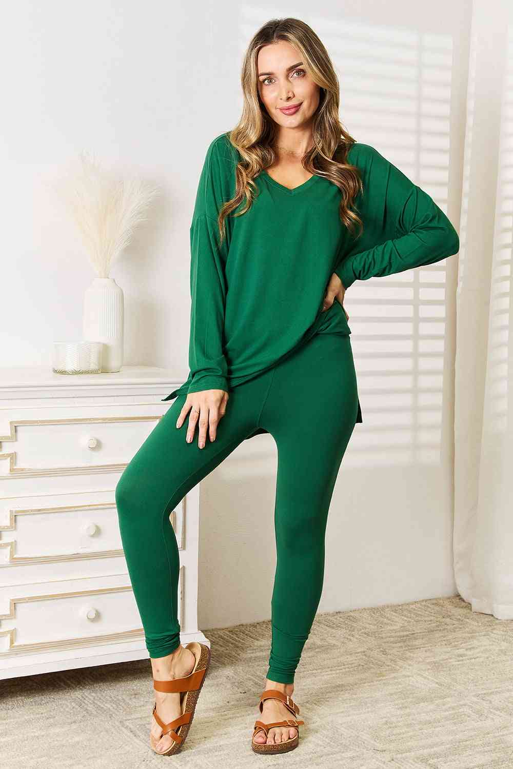 Long Sleeve Top and Leggings Set in Dark Green