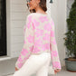 Round Neck Flower Pattern Dropped Shoulder Pullover Sweater