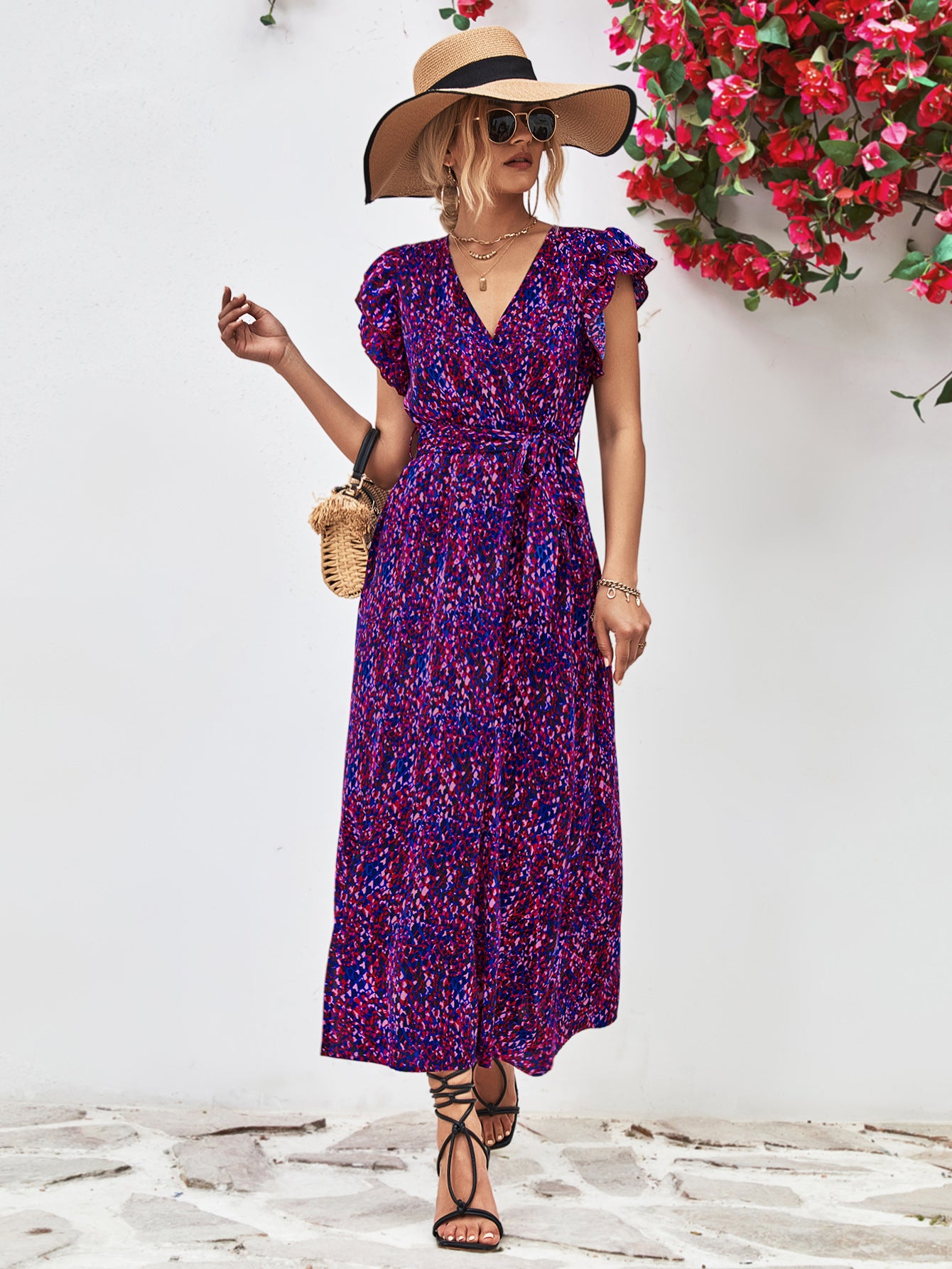 Printed Surplice Neck Flutter Sleeve Slit Dress