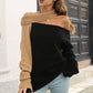 Ribbed Off-Shoulder Lantern Sleeve Pullover Sweater