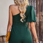 One-Shoulder Puff Sleeve Pleated Detail Romper