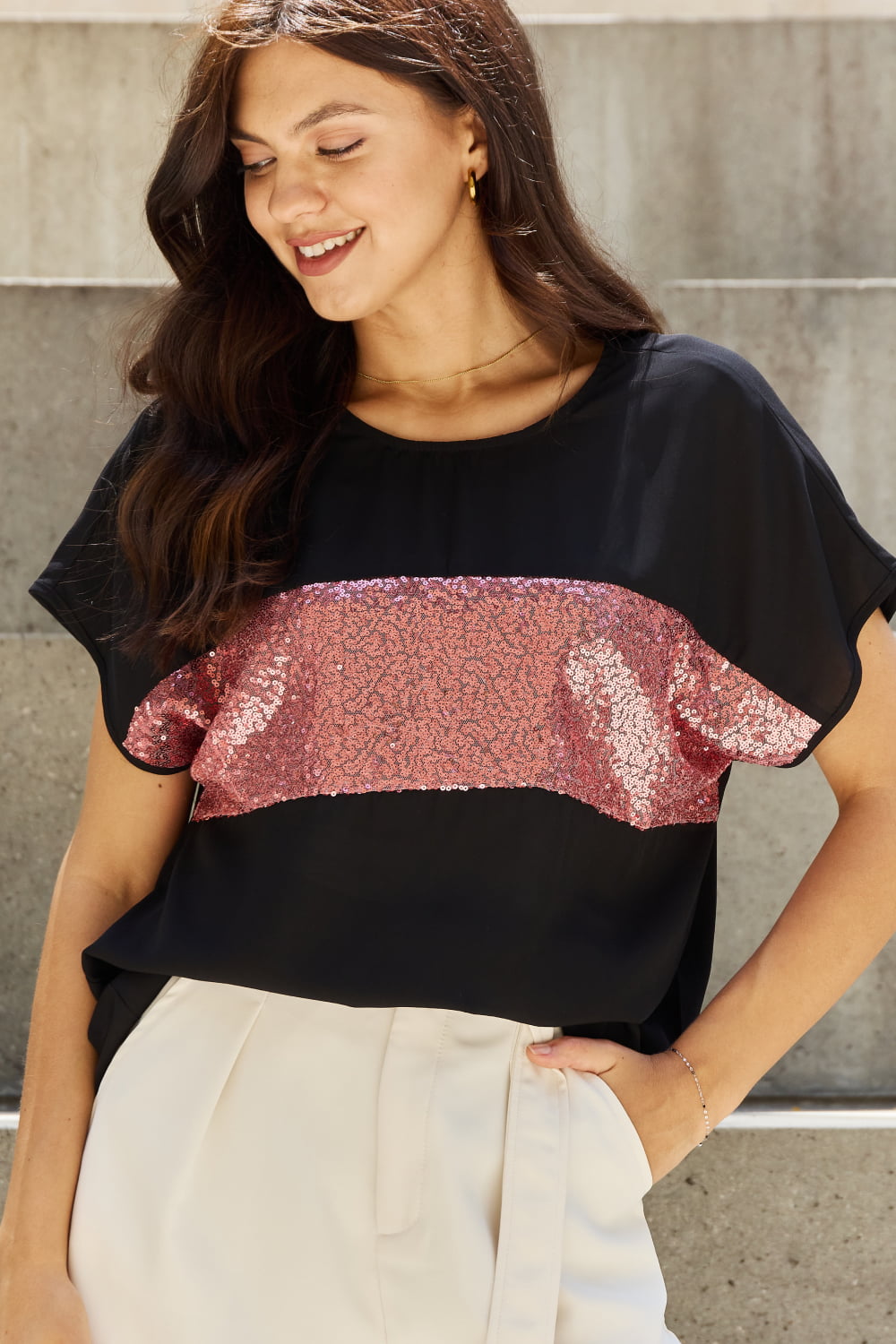 Center Mesh Sequin Top in Black/Mauve