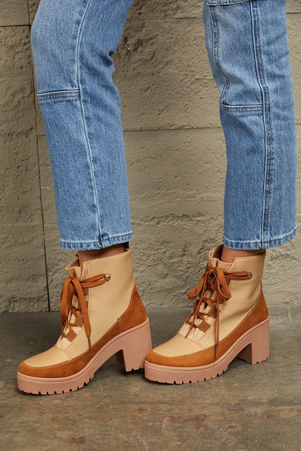 Lace Up Lug Booties in Tan