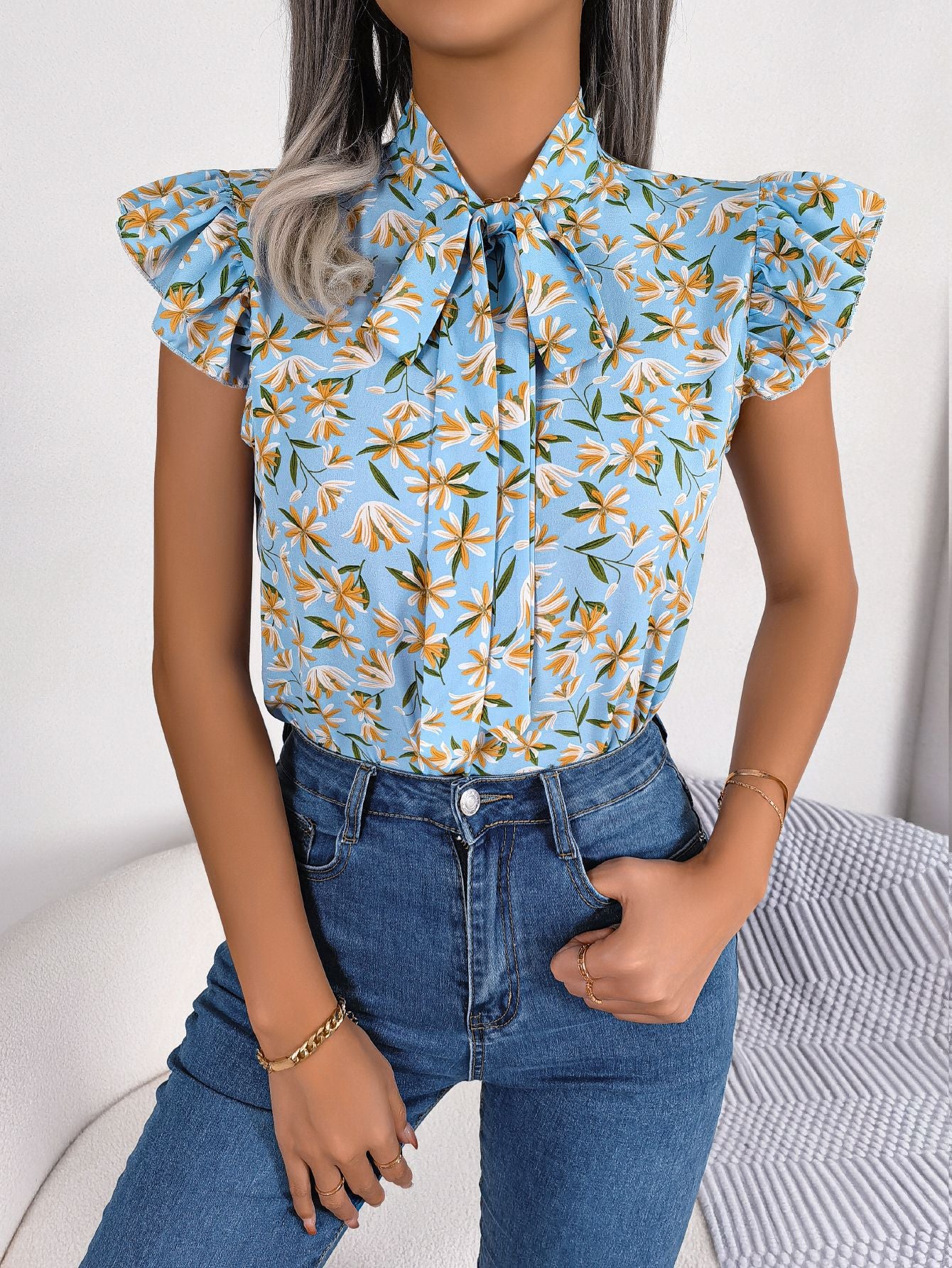 Floral Tie Neck Flutter Sleeve Blouse