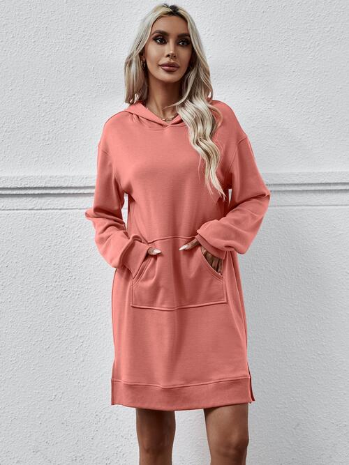 Slit Long Sleeve Hooded Dress with Pocket