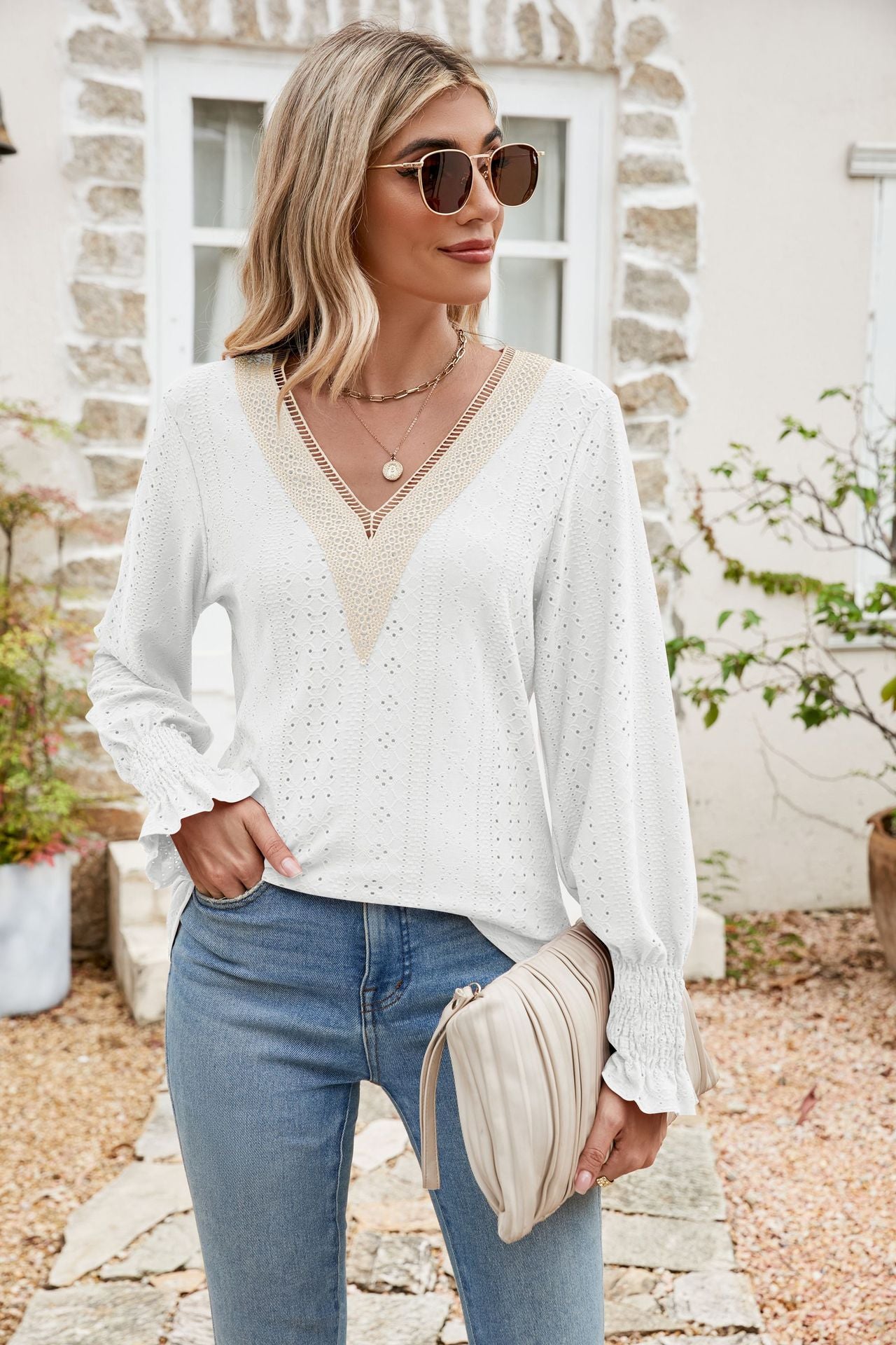 Eyelet V-Neck Smocked Flounce Sleeve Blouse