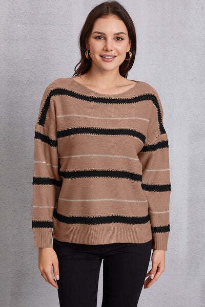 Striped Round Neck Dropped Shoulder Sweater