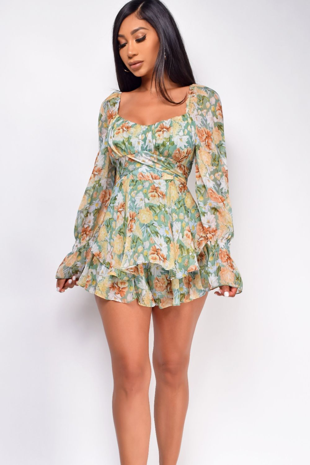 Floral Sweetheart Neck Flounce Sleeve Romper