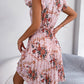 Pleated Floral Printed Tie Neck Knee Length Dress