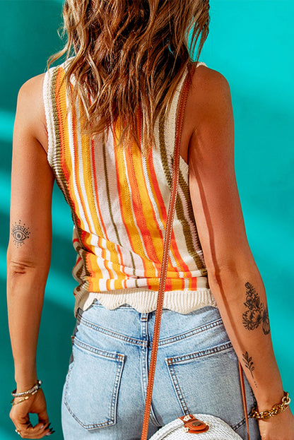 Woman wearing multicolor striped knitted tank top