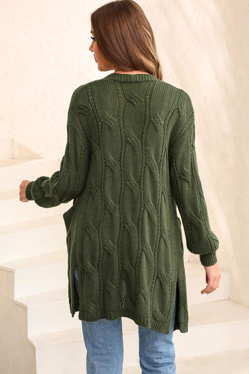 Cable-Knit Dropped Shoulder Slit Cardigan