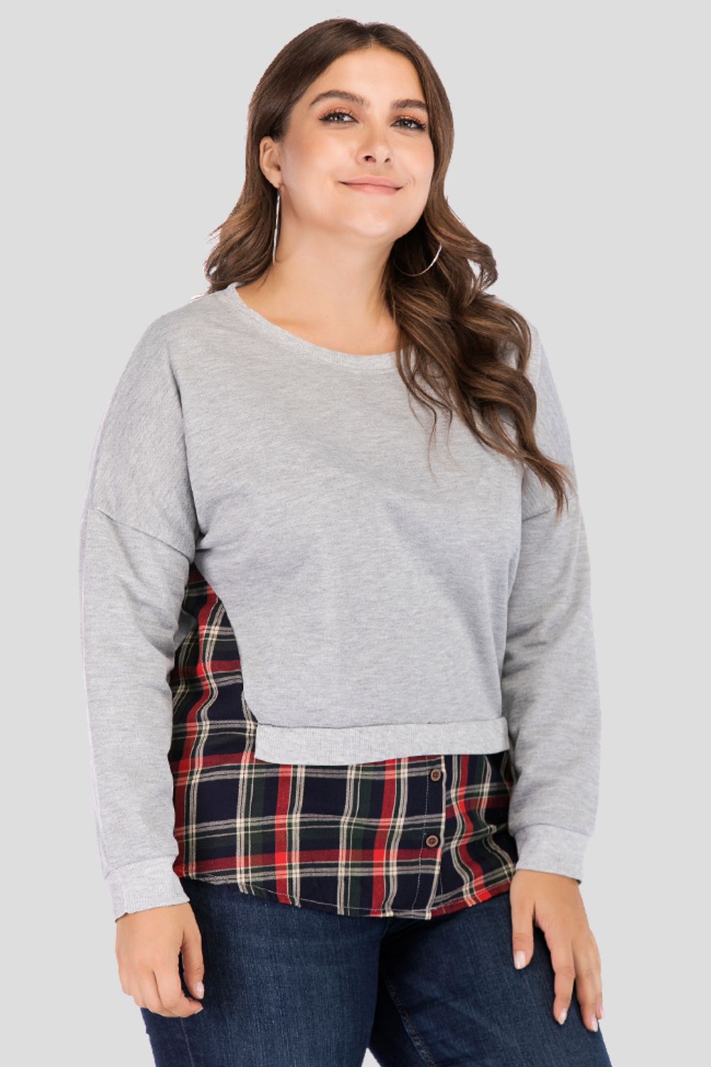 Full Size Plaid Patch Drop Shoulder Round Neck Top