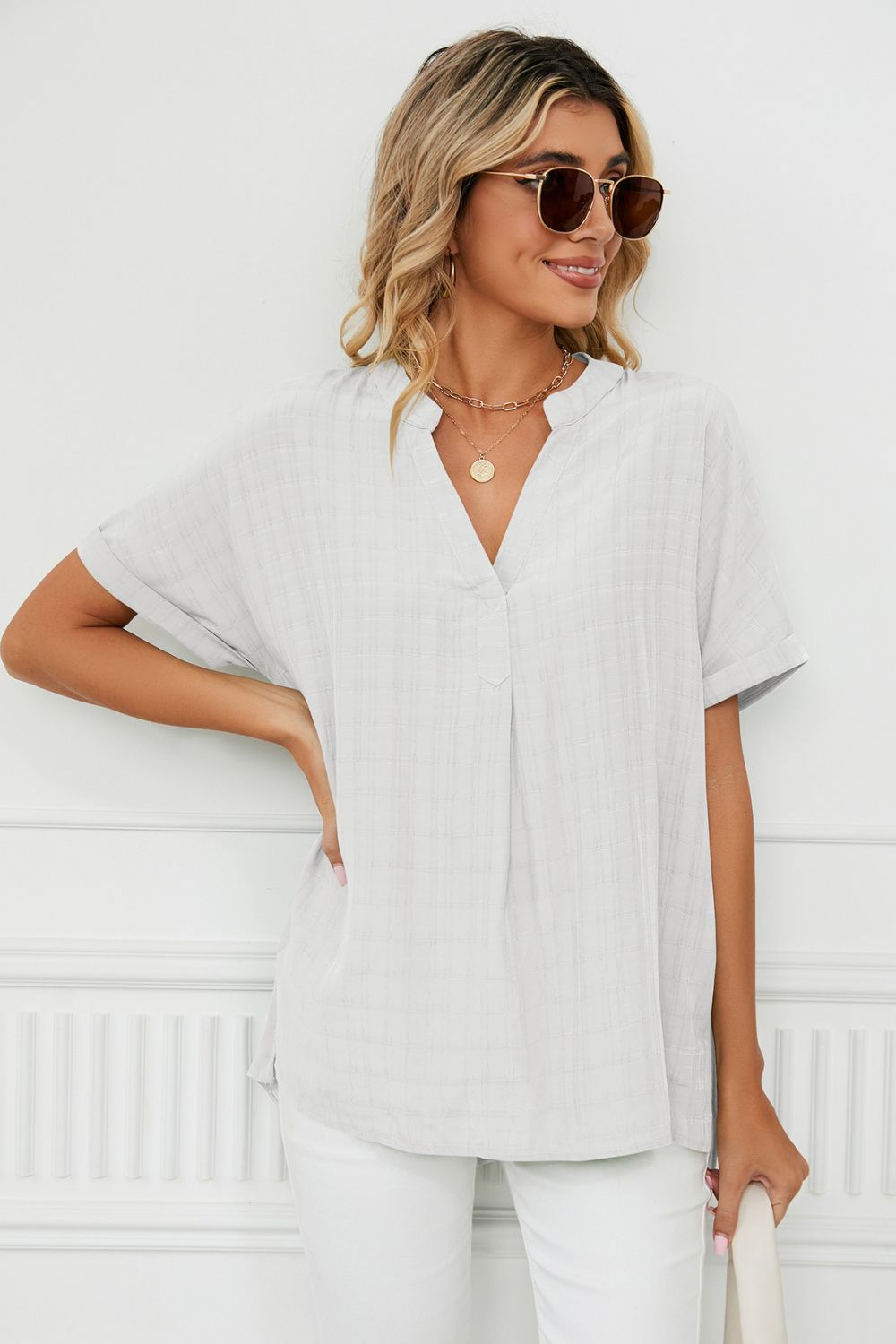 Side Slit Notched Neck Cuffed Short Sleeve Blouse