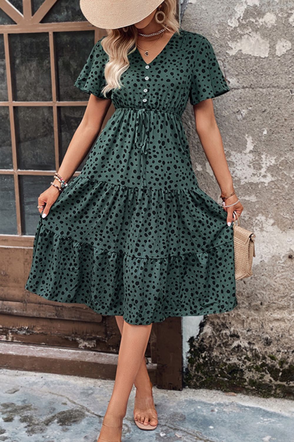 Printed Buttoned V-Neck Flutter Sleeve Dress