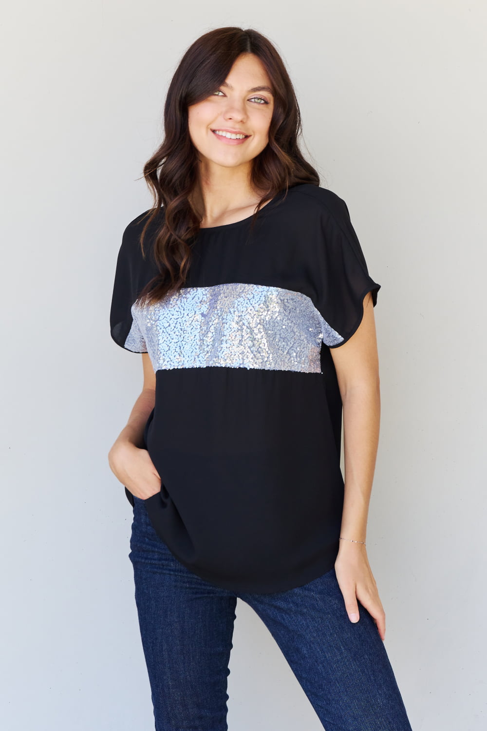 Center Mesh Sequin Top in Black/Silver