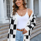 Button-Up Plaid V-Neck Dropped Shoulder Cardigan