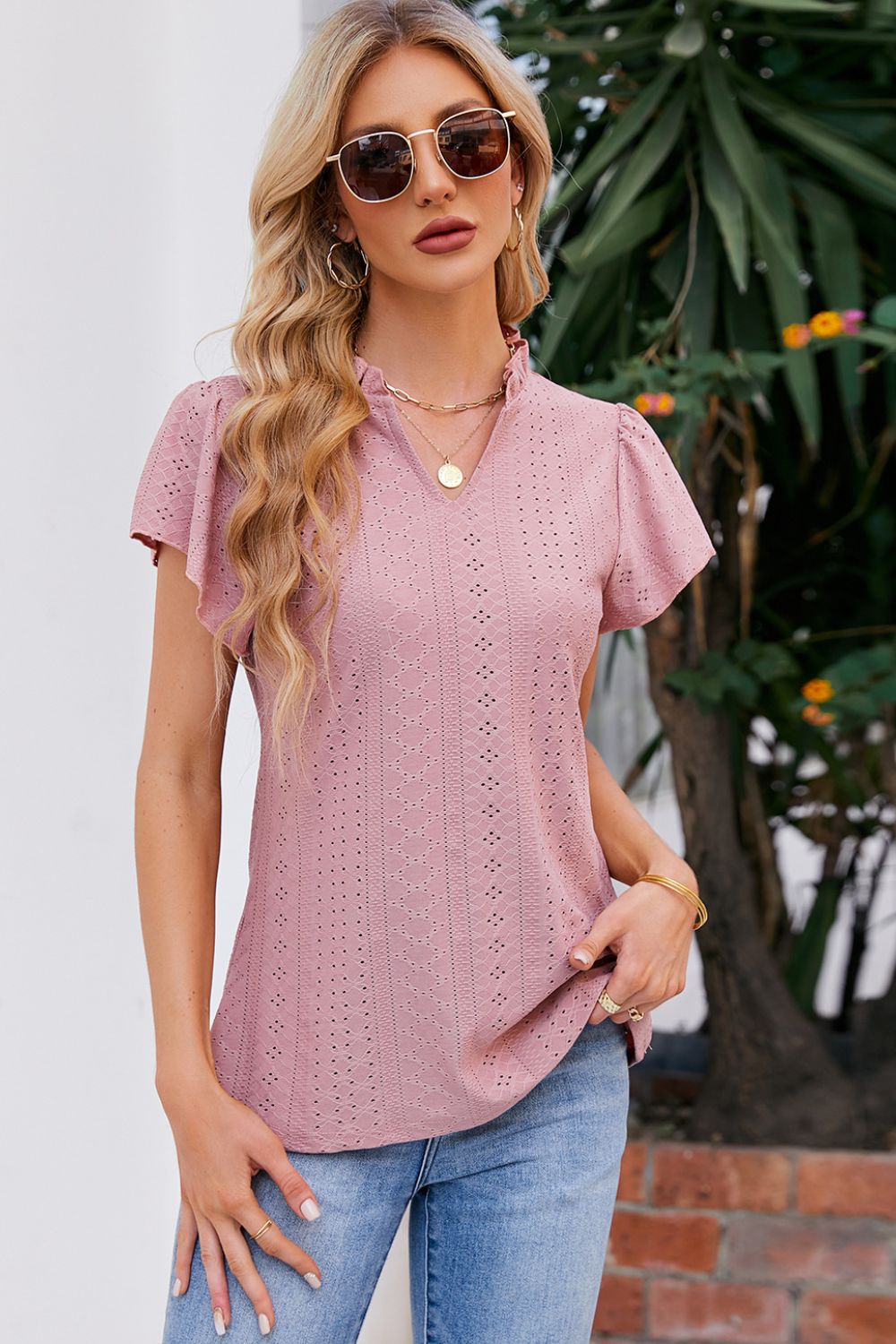 Notched Neck Puff Sleeve Blouse