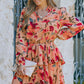 Floral Tie Neck Long Sleeve Layered Dress