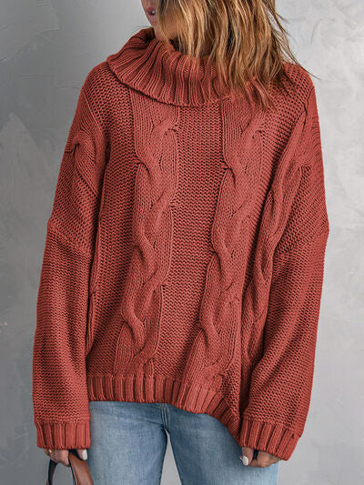 Cable-Knit Turtleneck Dropped Shoulder Sweater