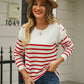 Round Neck Shoulder Button Striped Pullover Sweater