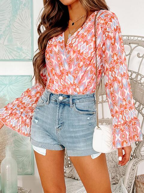 Printed Surplice Neck Frill Trim Bodysuit