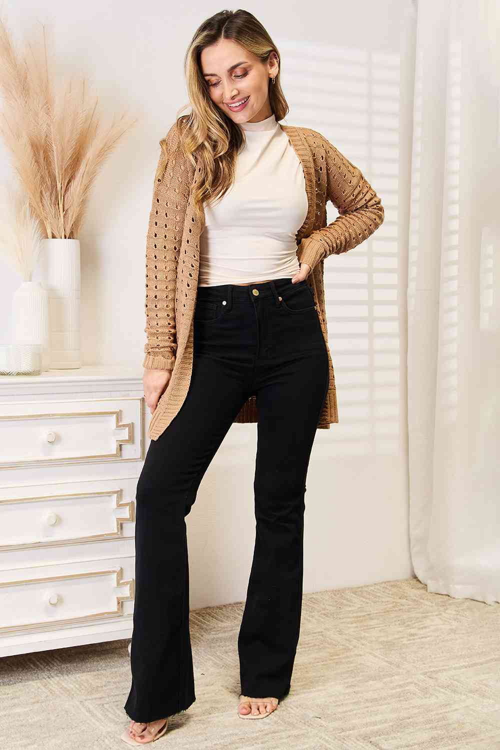 Openwork Horizontal Ribbing Open Front Cardigan