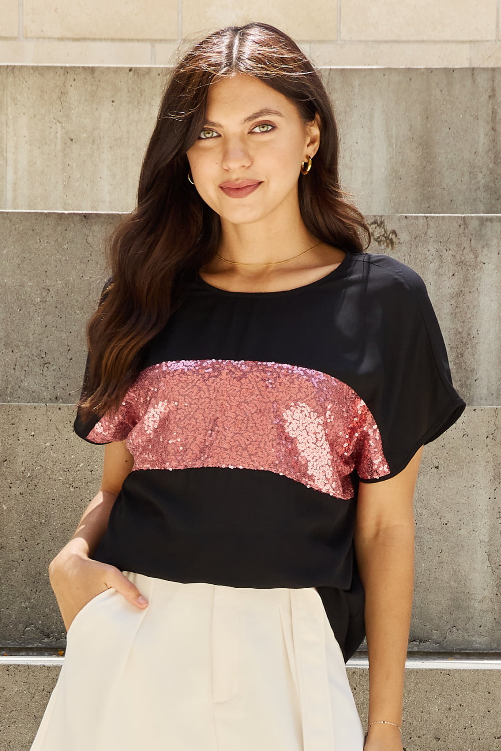 Center Mesh Sequin Top in Black/Mauve