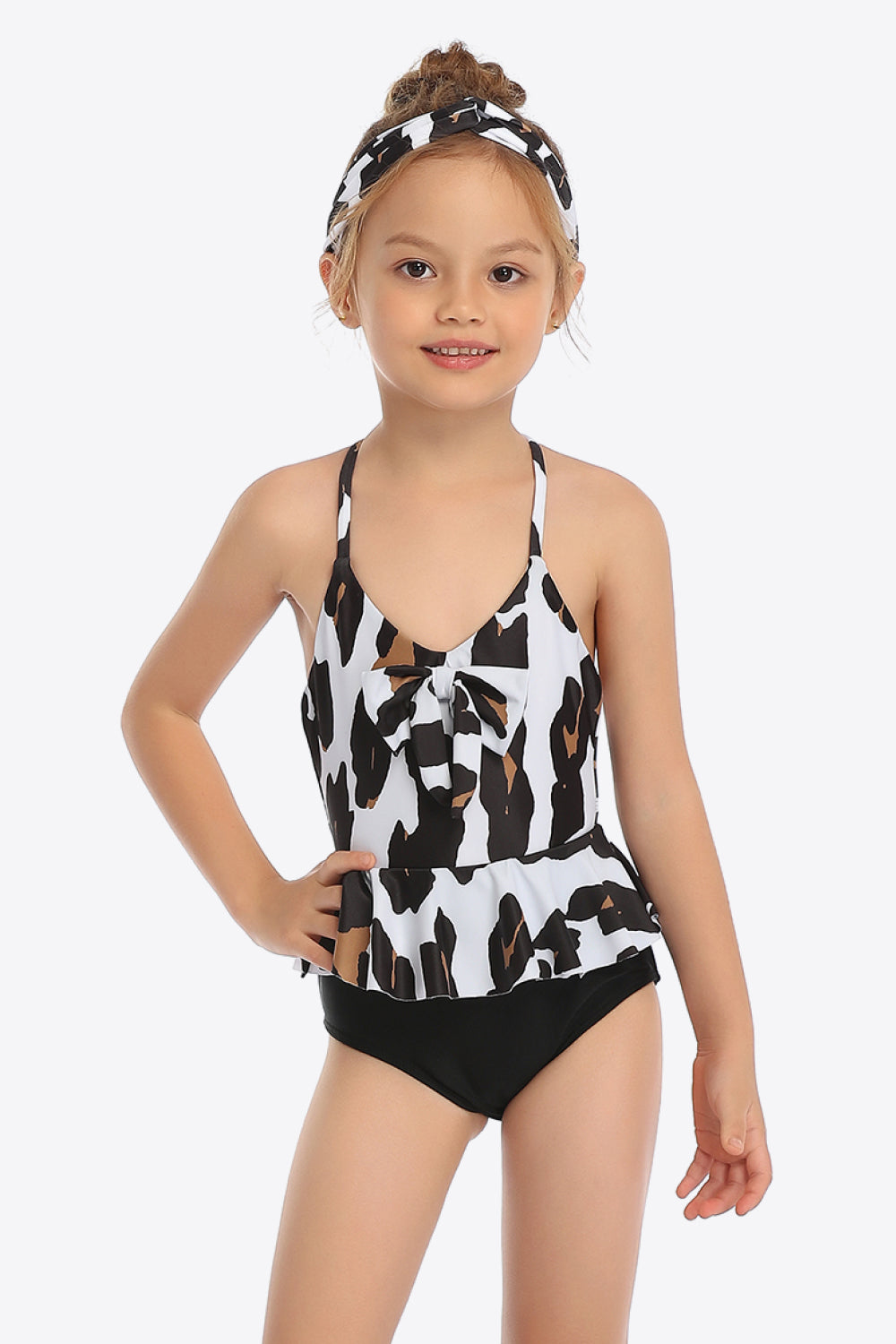 Printed Bow Detail Ruffled One-Piece Swimsuit