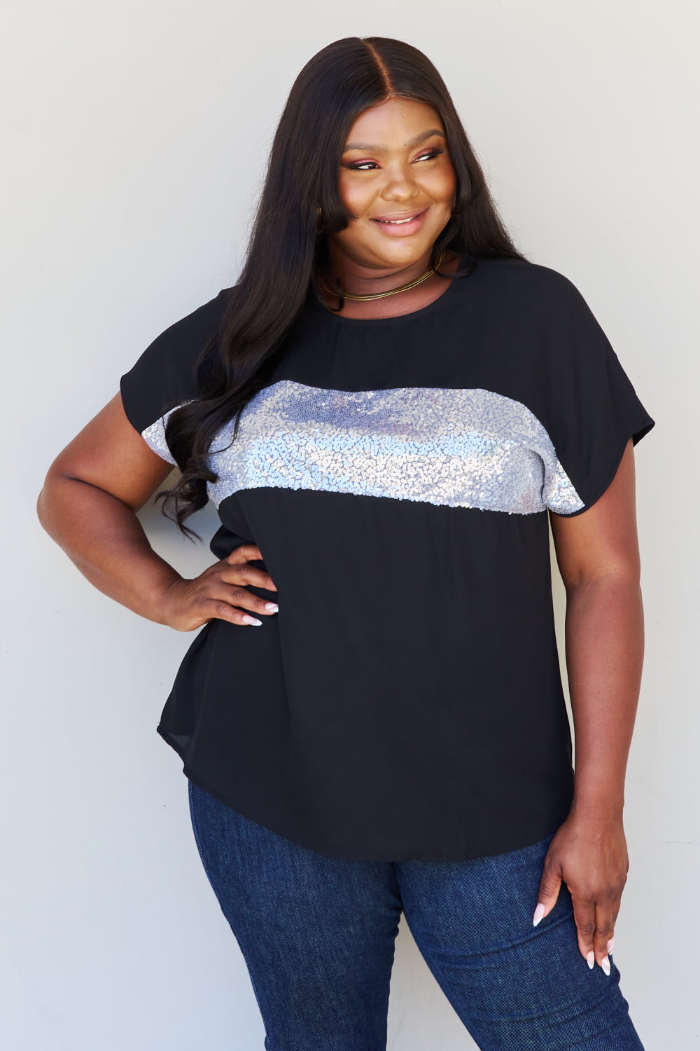 Center Mesh Sequin Top in Black/Silver