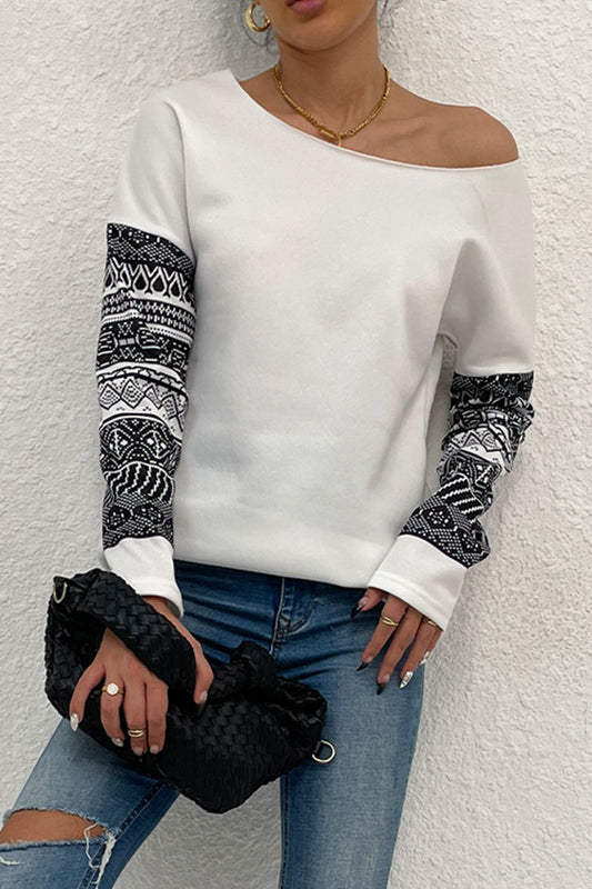 Boat Neck Long Printed Sleeve Blouse