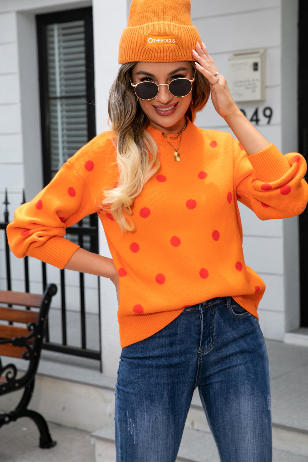 Polka Dot Round Neck Dropped Shoulder Sweater