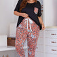 Plus Size Contrast Round Neck Tee and Floral Pants Lounge Set
