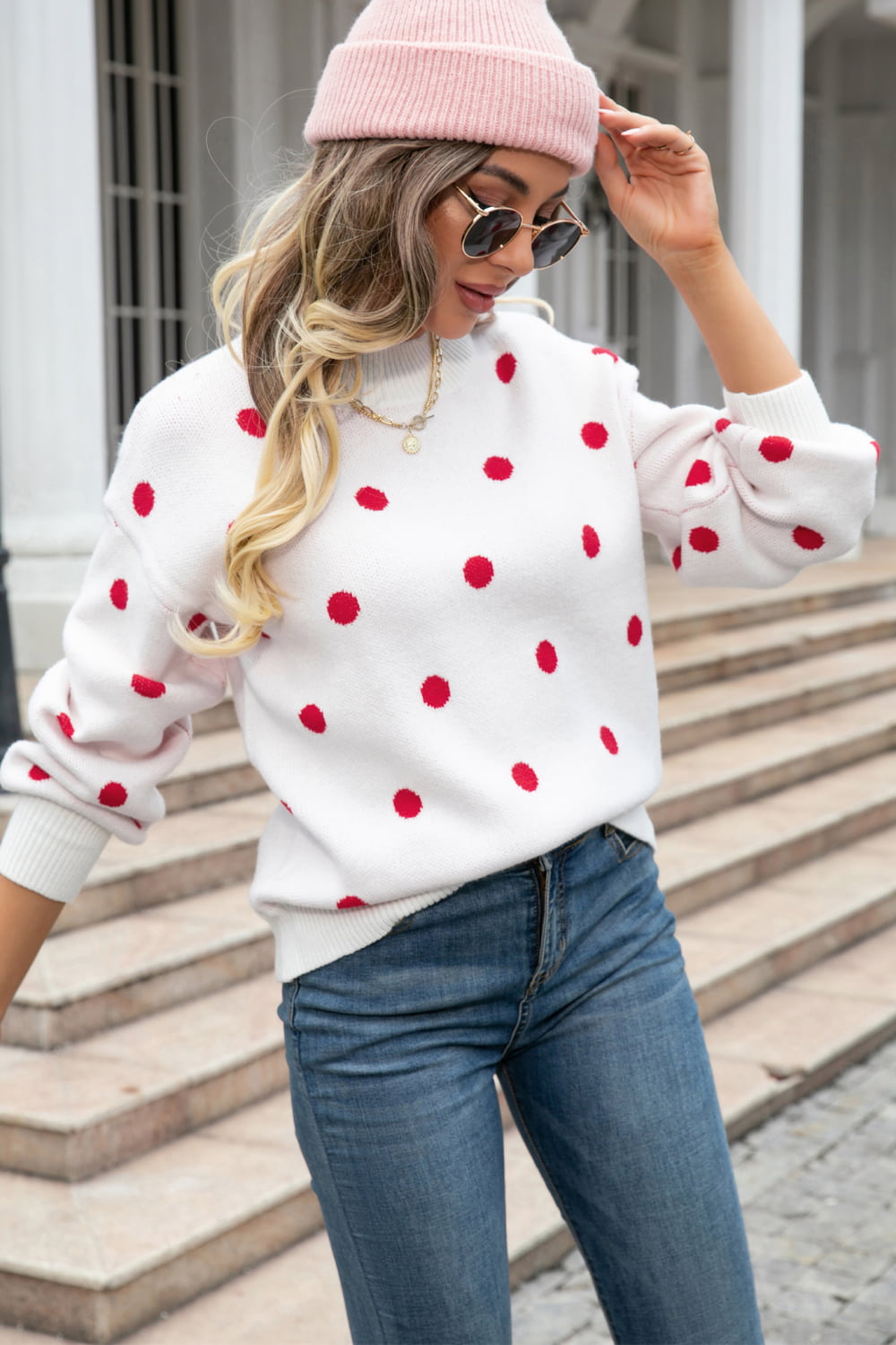 Polka Dot Round Neck Dropped Shoulder Sweater