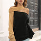 Ribbed Off-Shoulder Lantern Sleeve Pullover Sweater