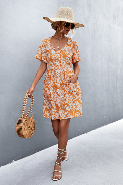 Printed Button Down Pocketed Dress