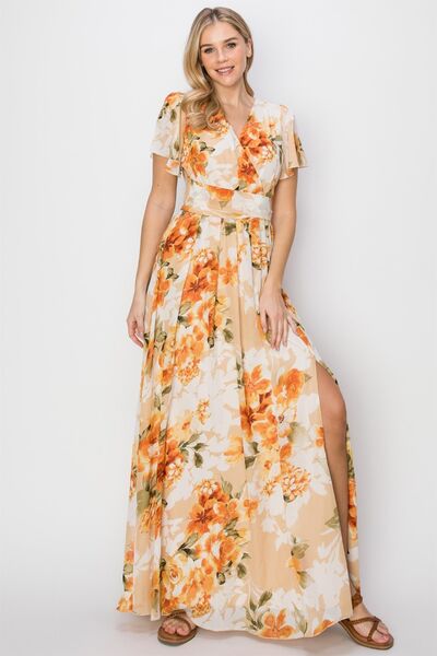 Floral Tie Back Short Sleeve Slit Maxi Dress