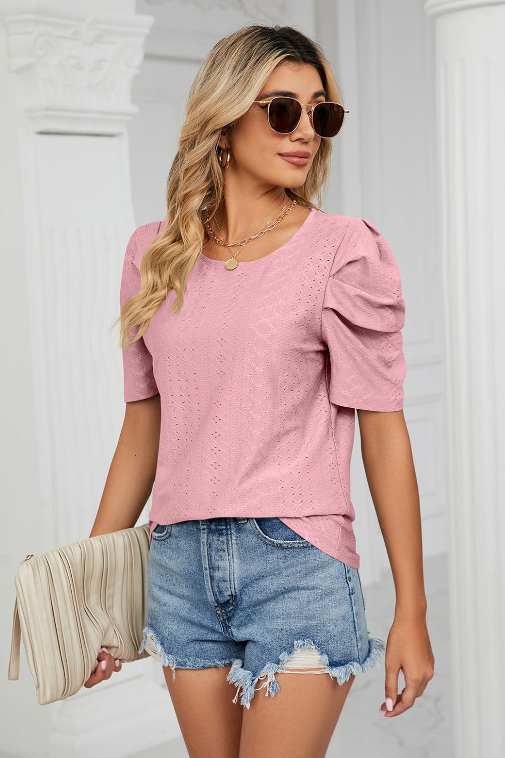 Eyelet Puff Sleeve Round Neck Blouse