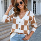 Button-Up Plaid V-Neck Dropped Shoulder Cardigan