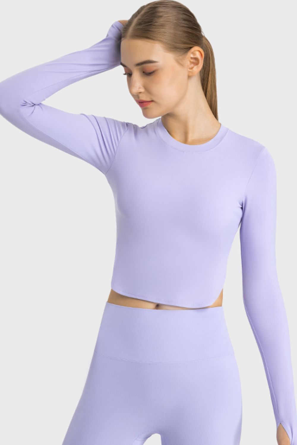 Side Slit Long Sleeve Round Neck Crop Top