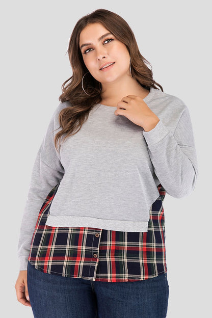 Plaid Patch Drop Shoulder Round Neck Top