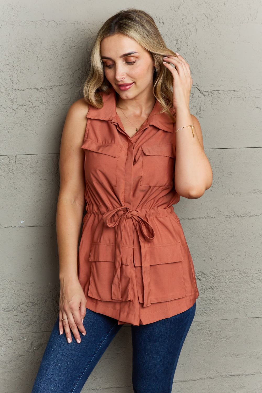 Sleeveless Collared Button Down Top