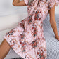 Pleated Floral Printed Tie Neck Knee Length Dress