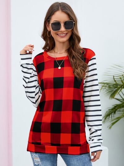 Plaid Striped Round Neck Long Sleeve T-Shirt