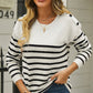 Round Neck Shoulder Button Striped Pullover Sweater