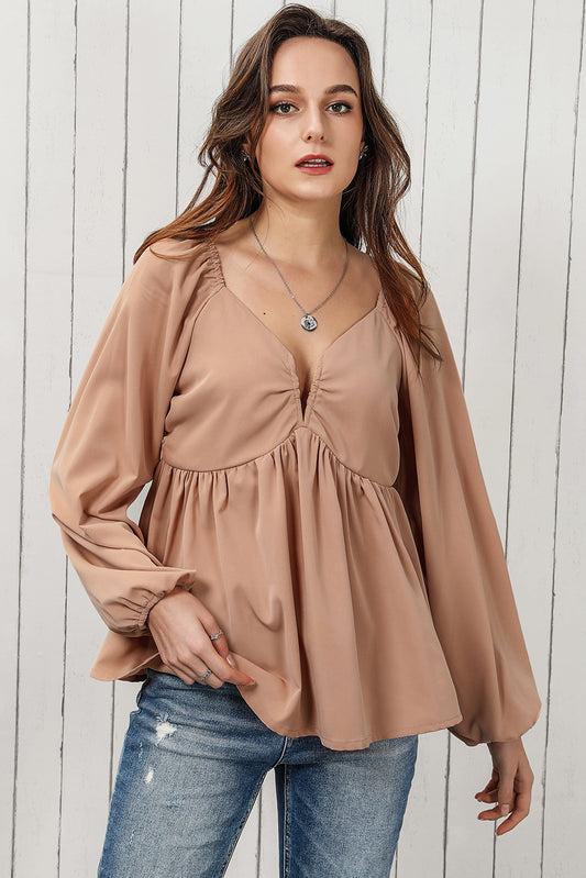 Tie Back Smocked Long Sleeve Babydoll Blouse