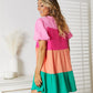 Color Block Buttoned Puff Sleeve Dress