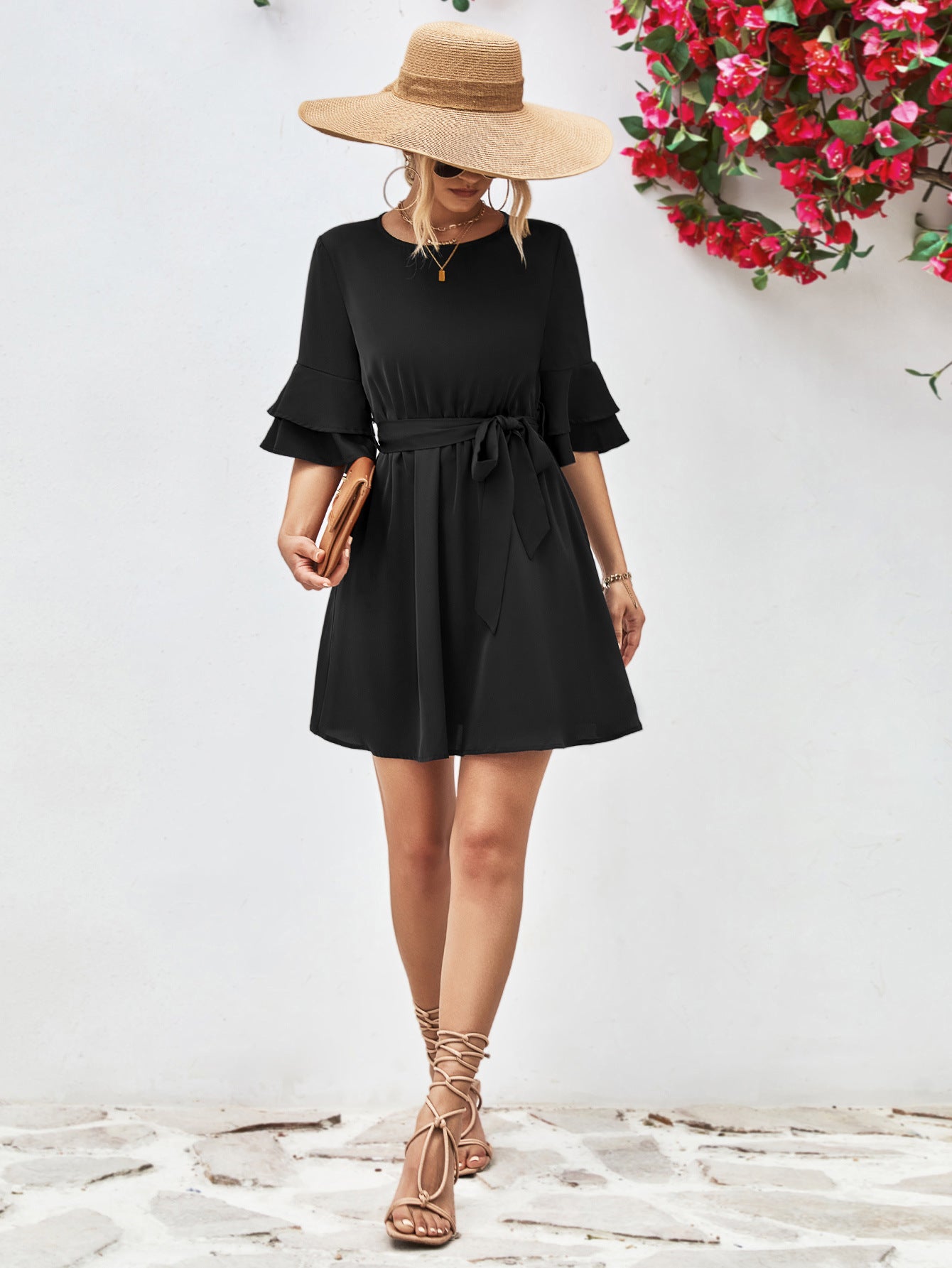 Round Neck Tie Belt Flounce Sleeve Dress