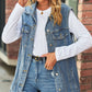Collared Neck Sleeveless Denim Top with Pockets