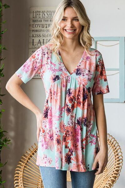 Heimish Floral V-Neck Short Sleeve Babydoll Blouse